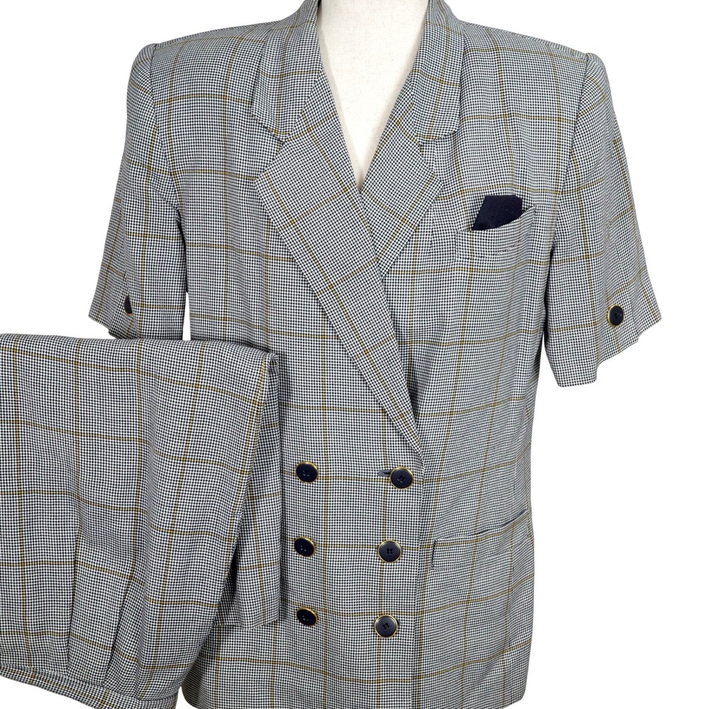 ASL Kasper Skirt Suit Women 12 Navy Yellow Houndstooth Plaid Double Breasted VTG